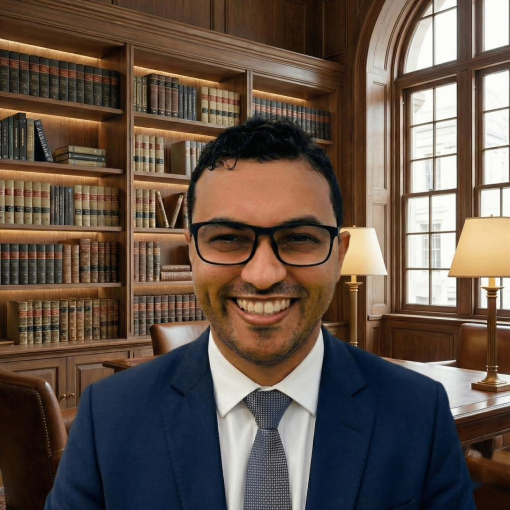 Thiago Aguiar, assessor jurídico, sorrindo em uma biblioteca
