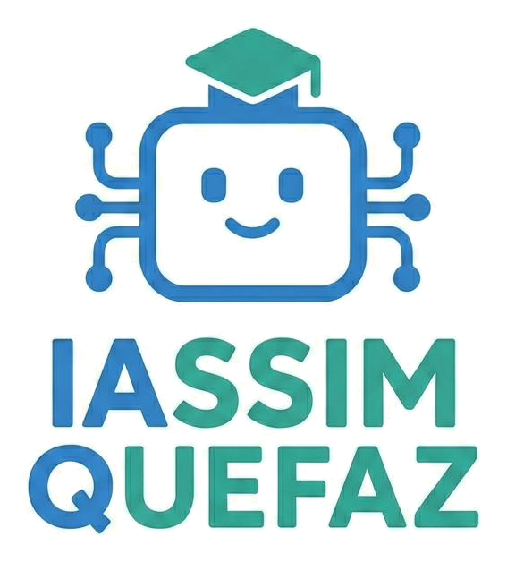 Logo IAssimqueFAZ: mascote robô com capelo de formatura e o nome da marca