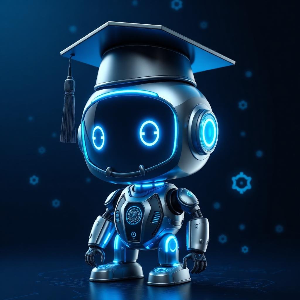 Mascote do IAssimqueFAZ, robô com capelo de formatura